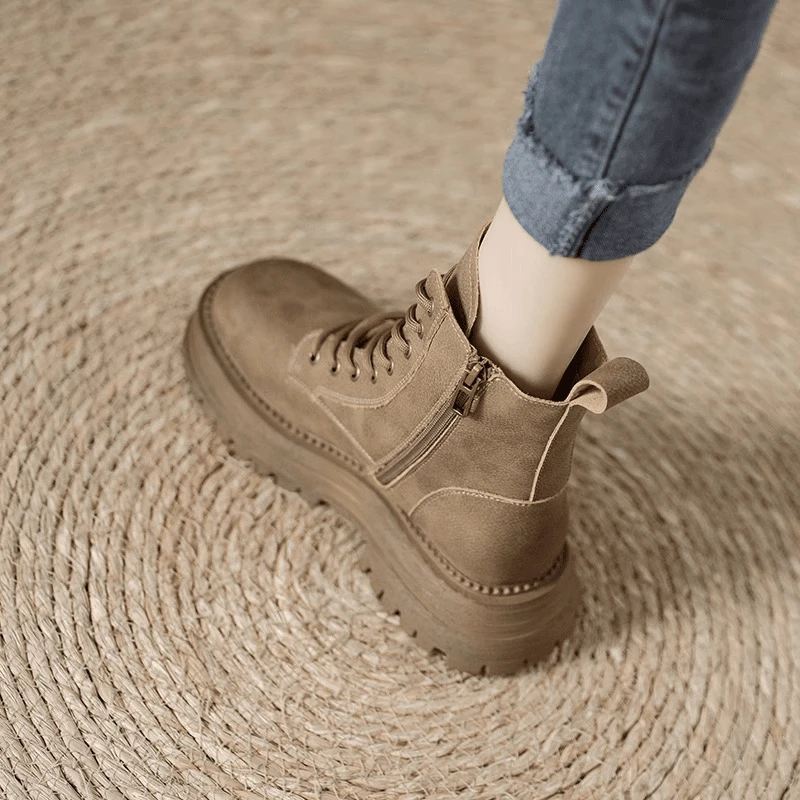 欧洲站厚底马丁靴秋季2025新款短筒系带英伦风休闲百搭加绒靴子潮