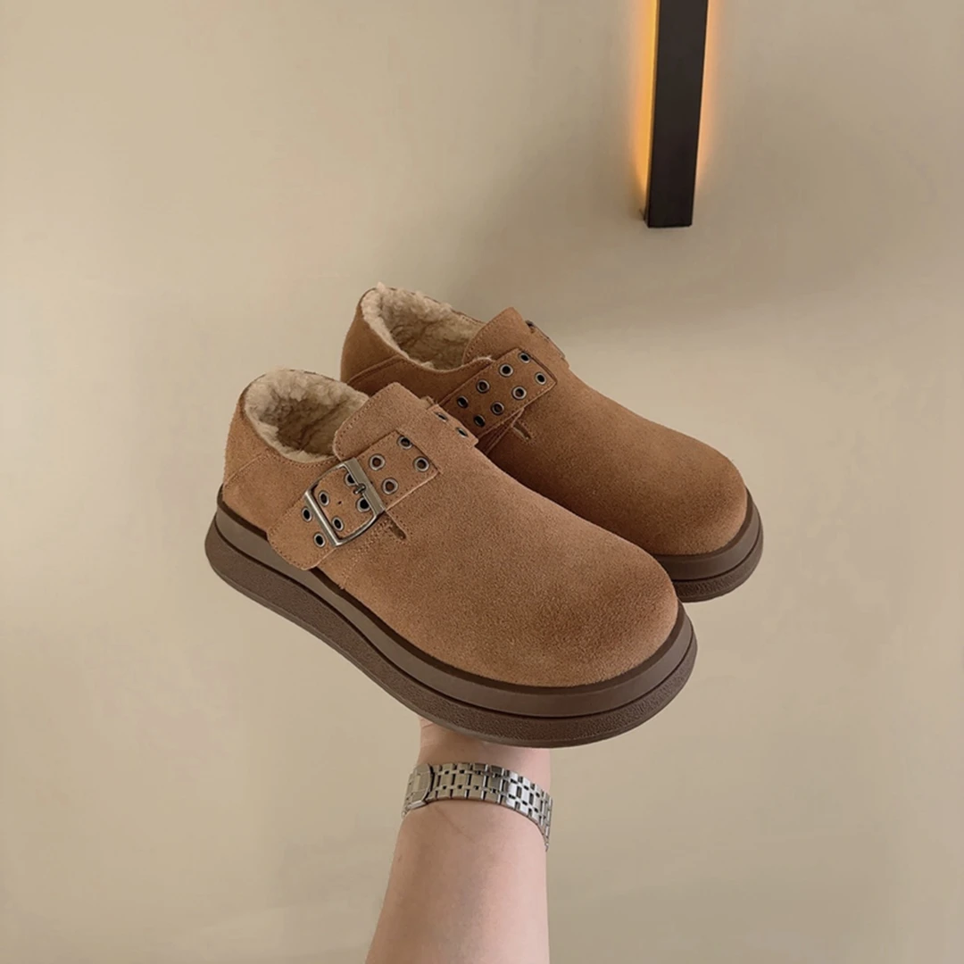 加绒毛毛勃肯鞋女款2024冬季保暖雪地靴复古厚底软皮磨砂皮棉鞋女