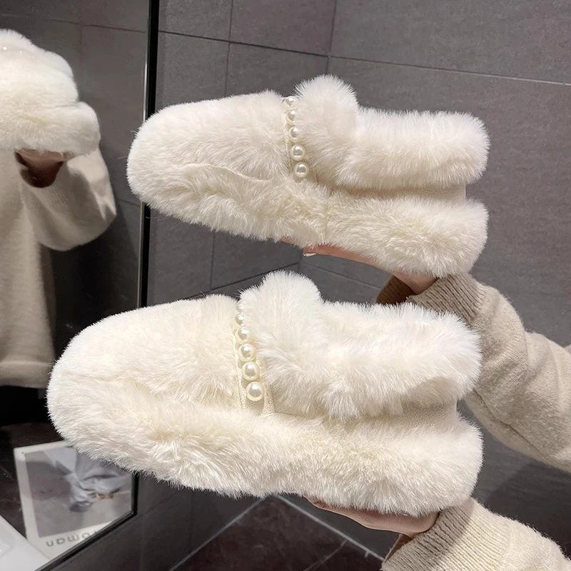 白色网红毛毛棉鞋女一脚蹬冬外穿2024年新款百搭厚底豆豆鞋ins 潮