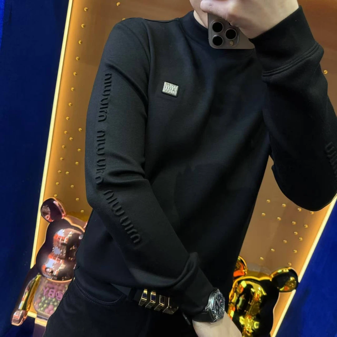 2024秋冬新款半高领打底长袖T恤高品质时尚刺绣潮流百搭帅气83209