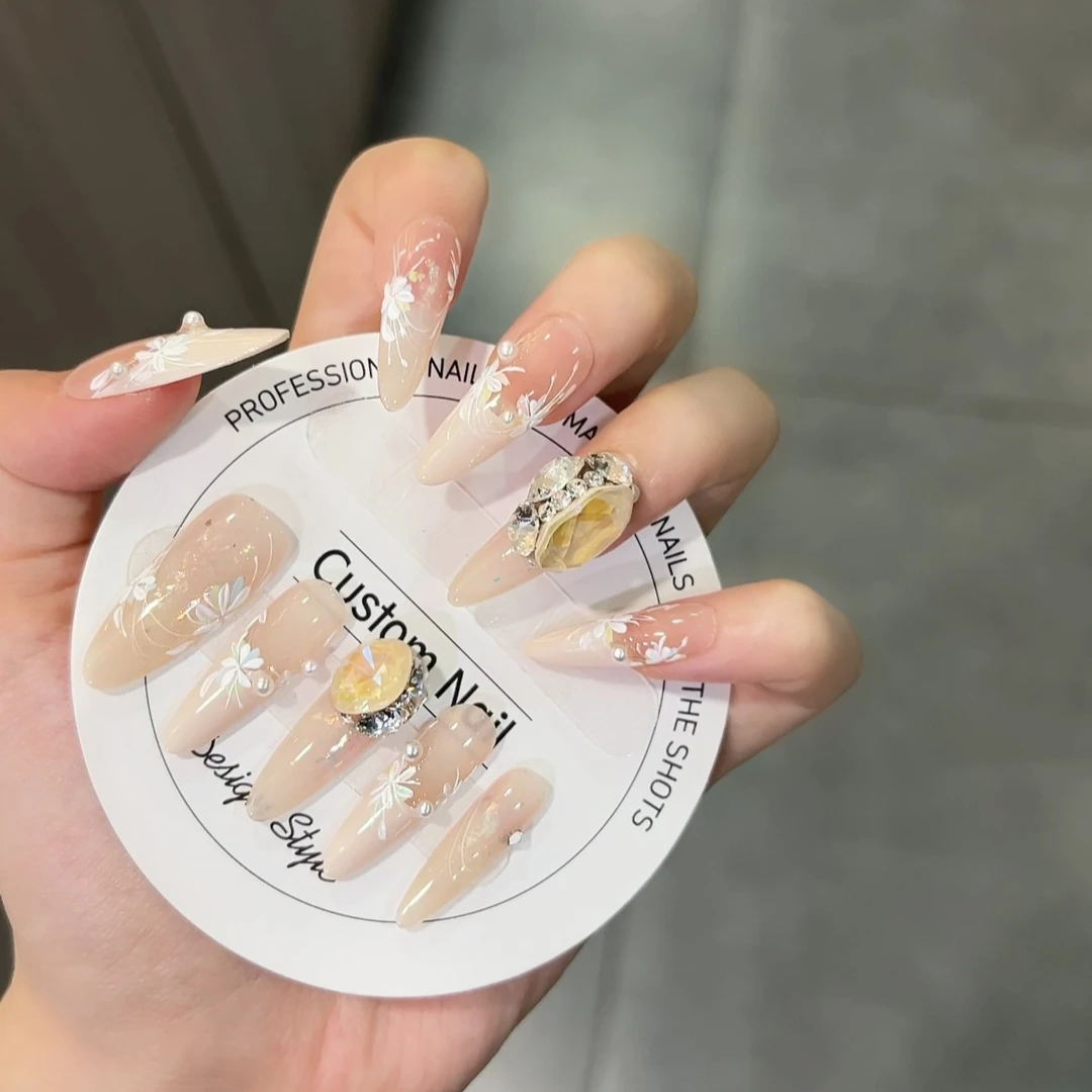 【茉莉】高端纯手工美甲穿戴甲手绘法式蛋白全华子钻可拆卸美甲贴片