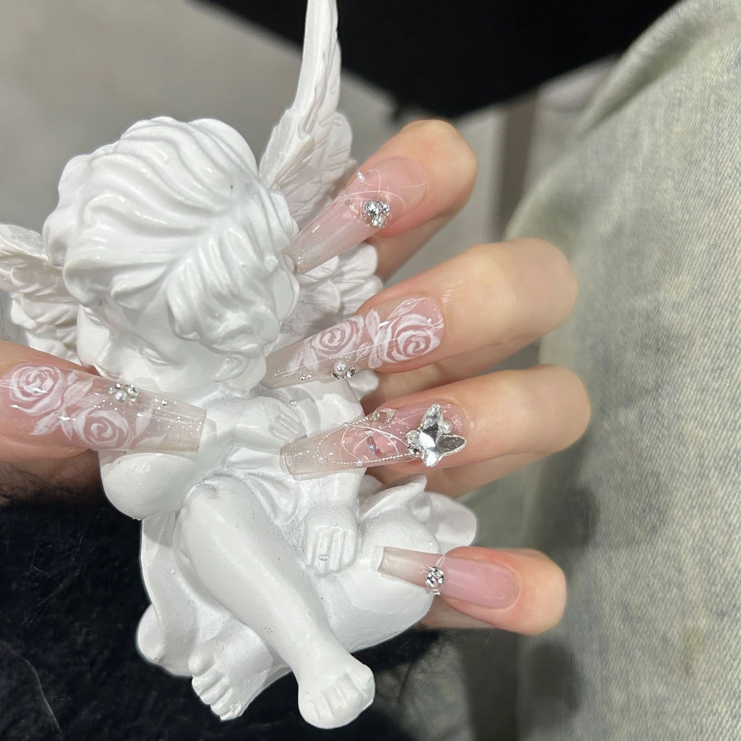 【雾中花】高端纯手工美甲穿戴甲手绘蝴蝶全华子钻可拆卸美甲贴片