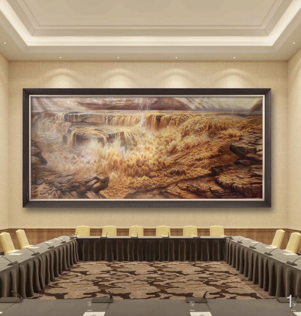山水风景画纯手绘油画黄河壶口瀑布大地生金客厅办公室装饰画