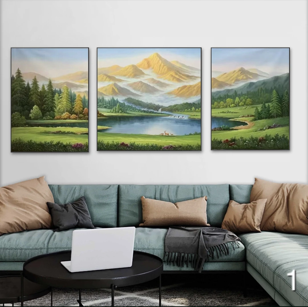 《祥鹿金山》纯手绘油画客厅沙发背景欧式美式轻奢风景山水画聚宝盆