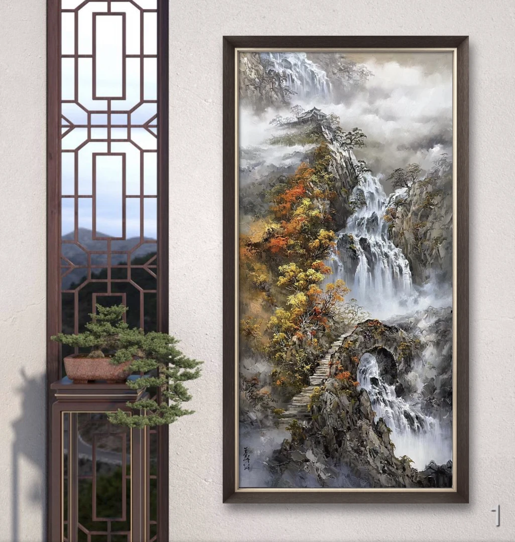 纯手绘油画新中式高山流水风景画玄关走廊办公室风水挂画