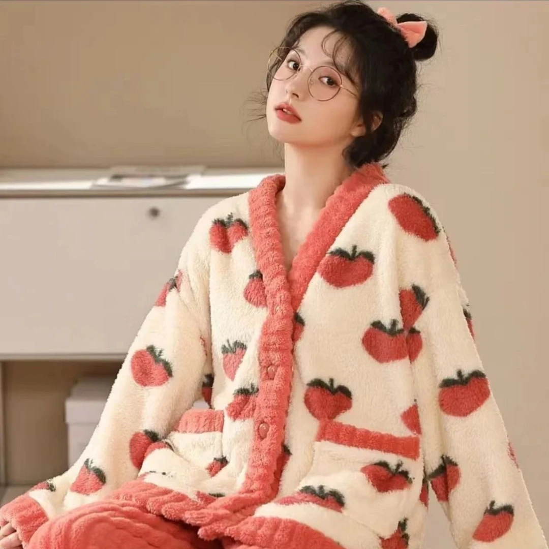 【宠粉专属】水蜜桃新款睡衣女冬加厚保暖加大码长袖家居服套装舒适