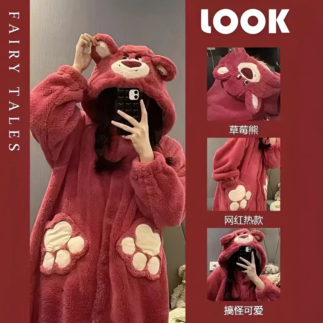 珊瑚绒睡衣女秋冬加厚保暖长款外出睡袍可爱卡通草莓熊家居服套装