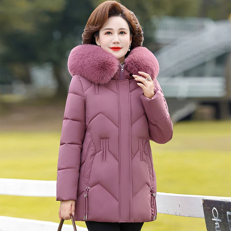 美式复古冬季棉服女加厚大码中年妈妈装宽松大毛领可拆卸连帽棉衣