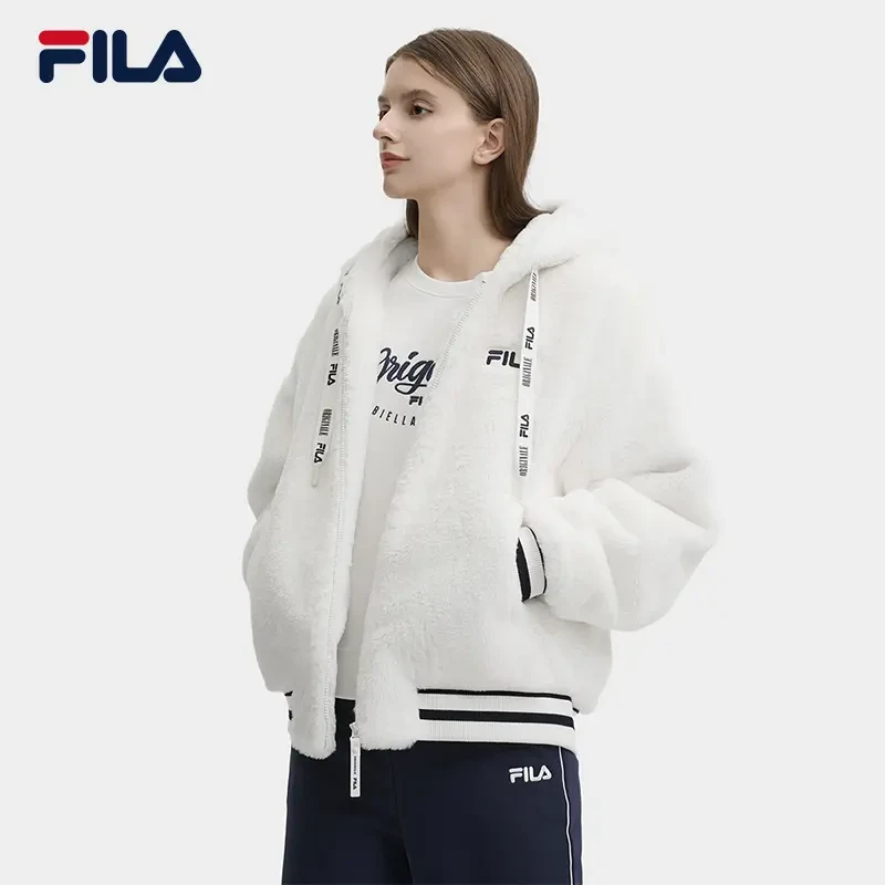 Fila斐乐女款秋冬时尚休闲保暖宽松羊羔绒连帽外套F11W449501F