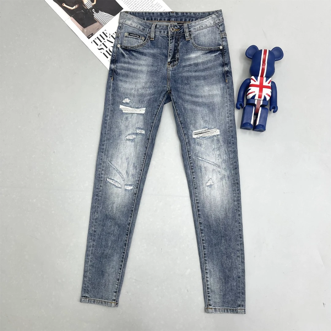 酷尚衣高端欧货时尚休闲个性破洞潮流水洗蓝色弹力修身男士牛仔裤