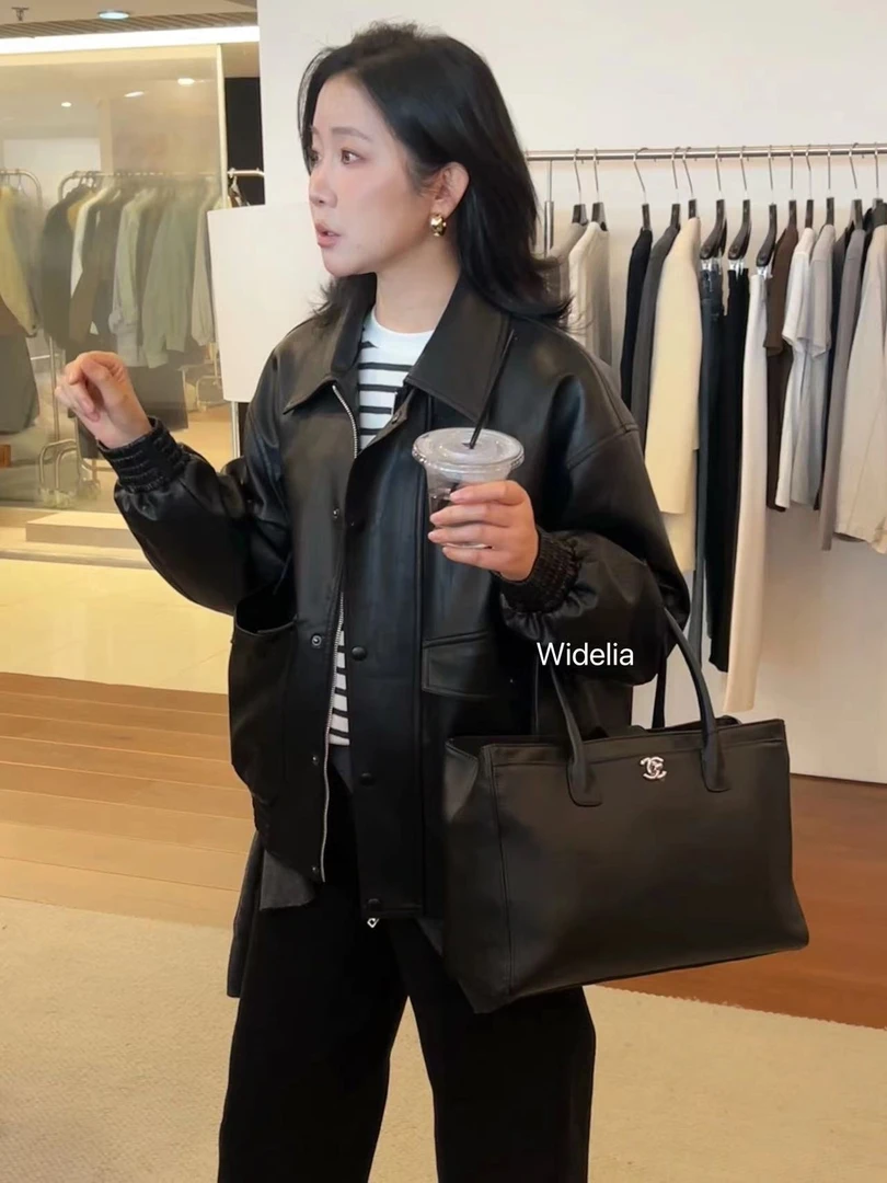 WIDELIA田婧2024春秋港风复古宽松气质时尚百搭皮衣外套900799