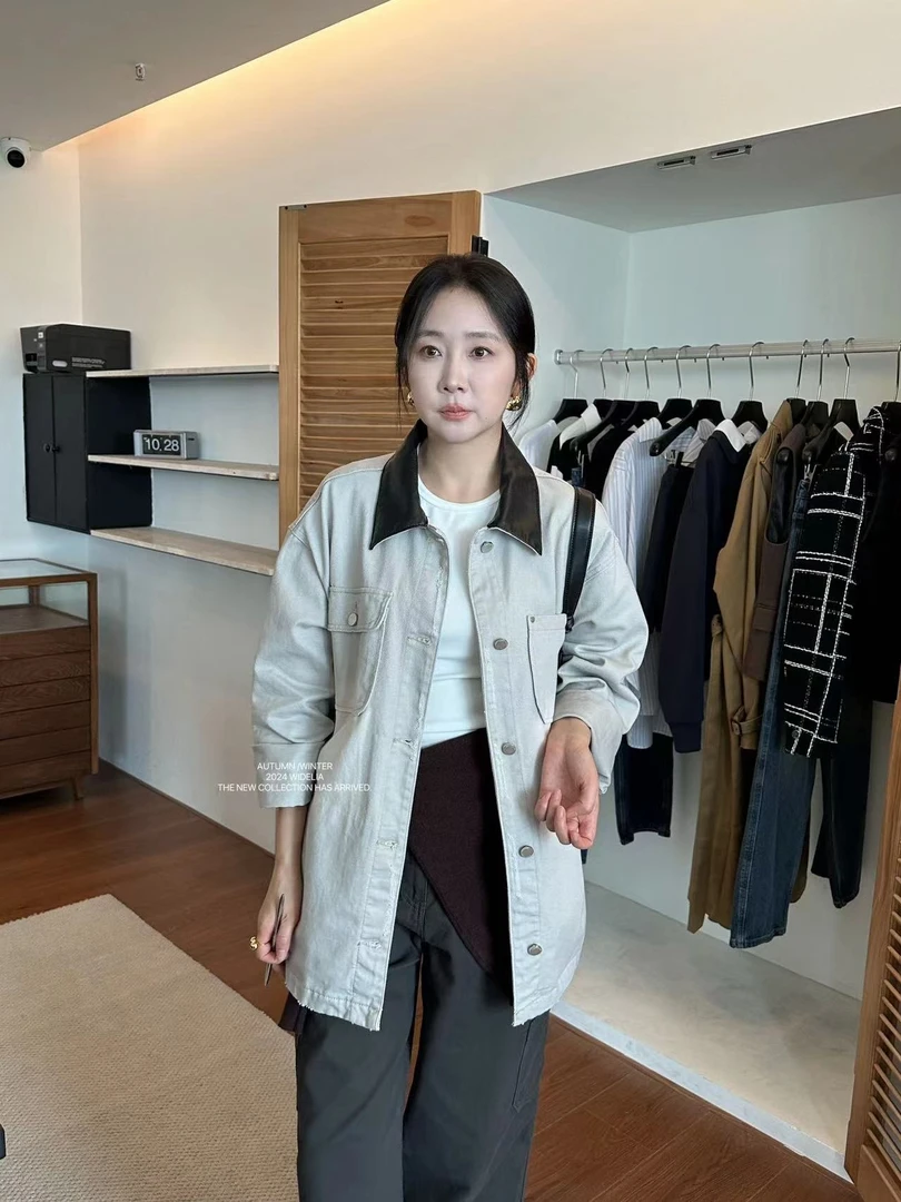WIDELIA田婧2024秋季新款拼接撞色宽松牛仔外套Z2599