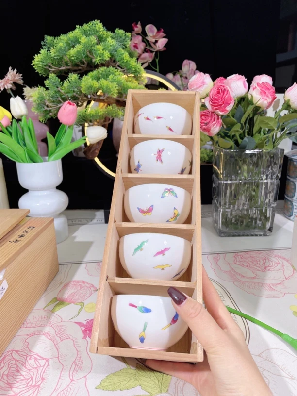 日本香兰社 好盆友系列汤吞茶杯飞鸟 蜻蜓 蝴蝶 游鱼 喜)