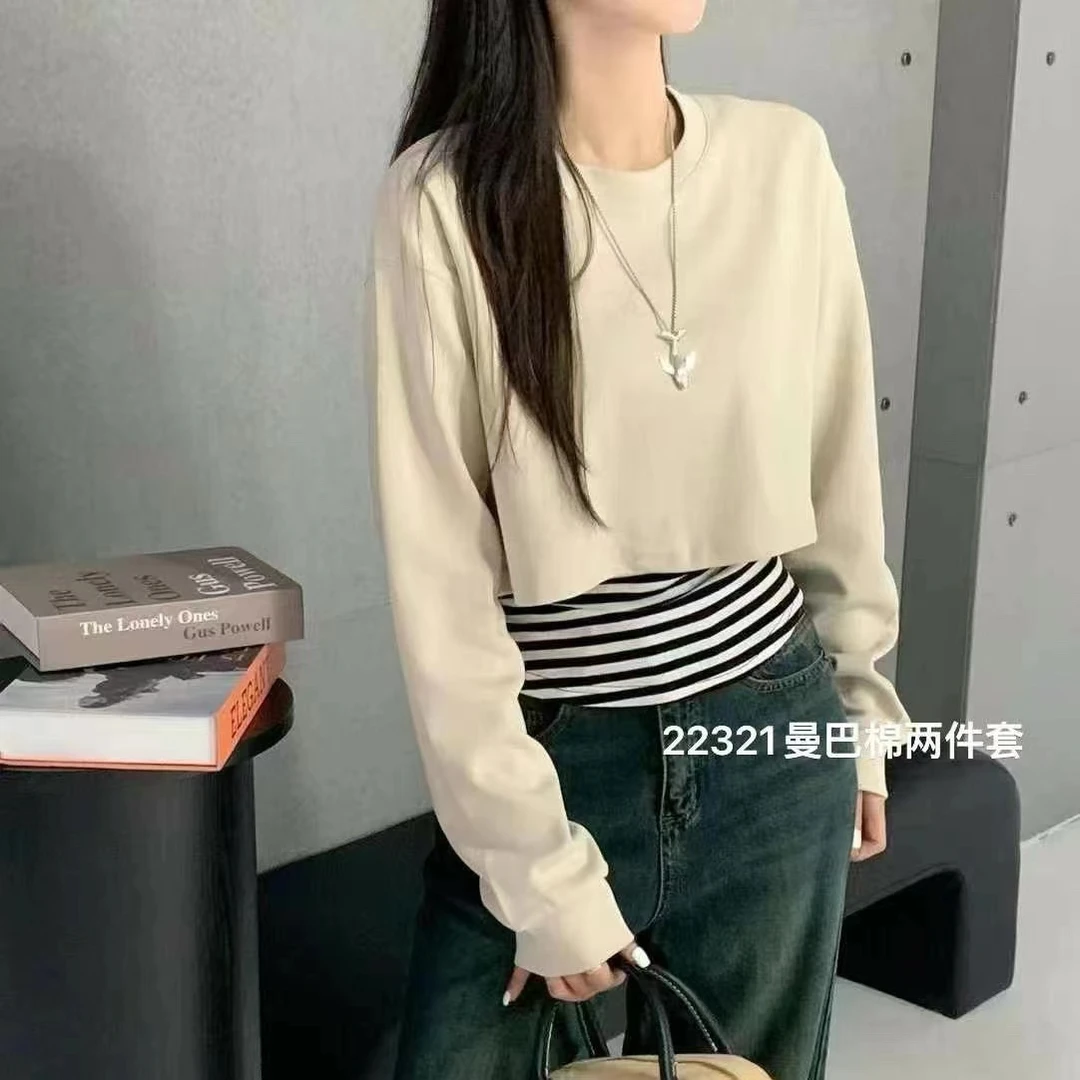 2024秋季新款韩版长袖时尚卫衣百搭条纹打底背心两件套#22321