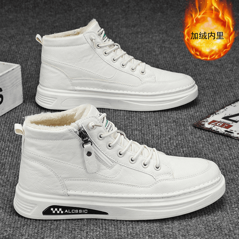 冬季休闲男鞋新款高帮棉鞋男款加绒加厚皮面防水休闲皮鞋
