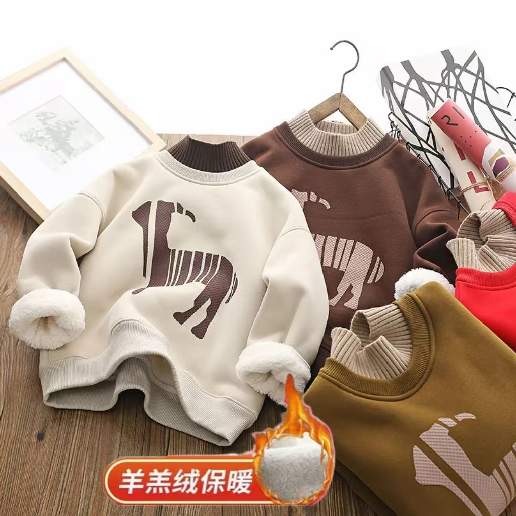 男童一体绒加绒加厚卫衣2024冬季新款韩版中大童女孩保暖打底衫潮