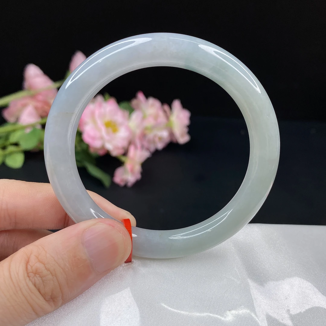 354 缅甸天然翡翠A货手镯58.6-9.9mm冰润飘花圆条美人条女生款