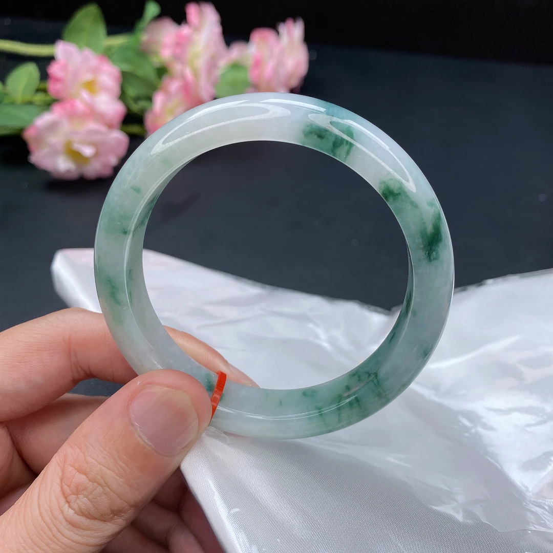缅甸天然翡翠A货手镯 59圈冰润飘花平安玉镯子宽边翡翠手镯
