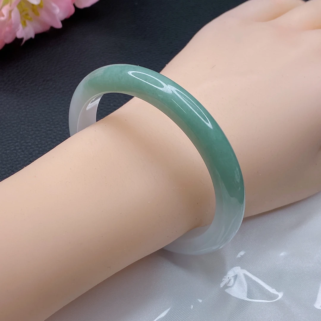 276缅甸天然翡翠A货手镯 58圈冰绿半山水正圈手镯两带平安玉镯子