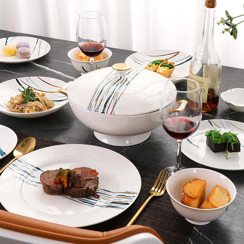 高档碗碟套装家用中式骨质瓷餐具碗盘简约高颜值乔迁结婚碗碟礼盒