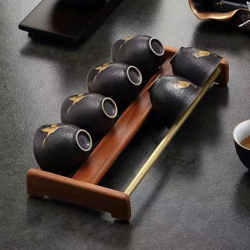 简约黑檀桐木沥水茶杯架泡茶盘家用收纳架晾杯架功夫茶具茶道配件
