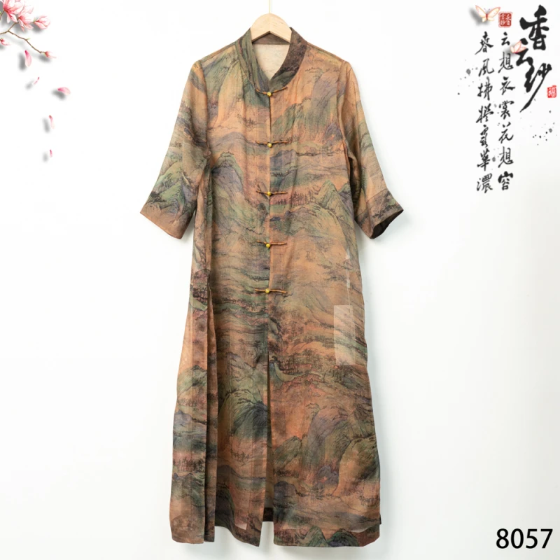 LN新款富春山居图桑蚕丝莨纱七分袖长款风衣8057