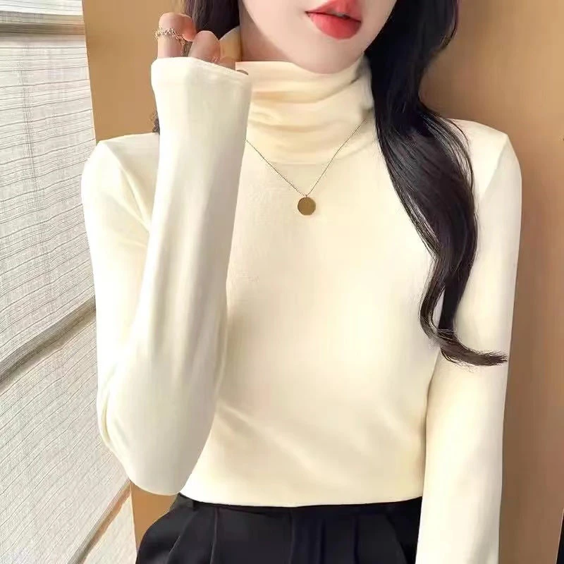 堆堆领显瘦半高领长袖打底衫女秋冬双面绒加厚上衣保暖修身