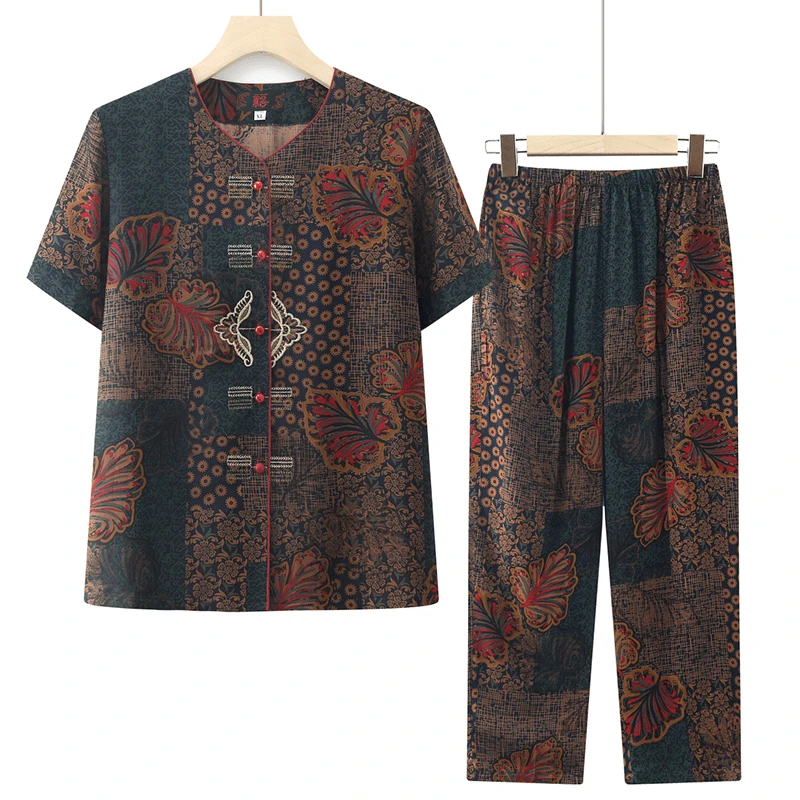老年人夏季休闲套装妈妈装复古老人衣服老太太绣花奶奶装两件套薄