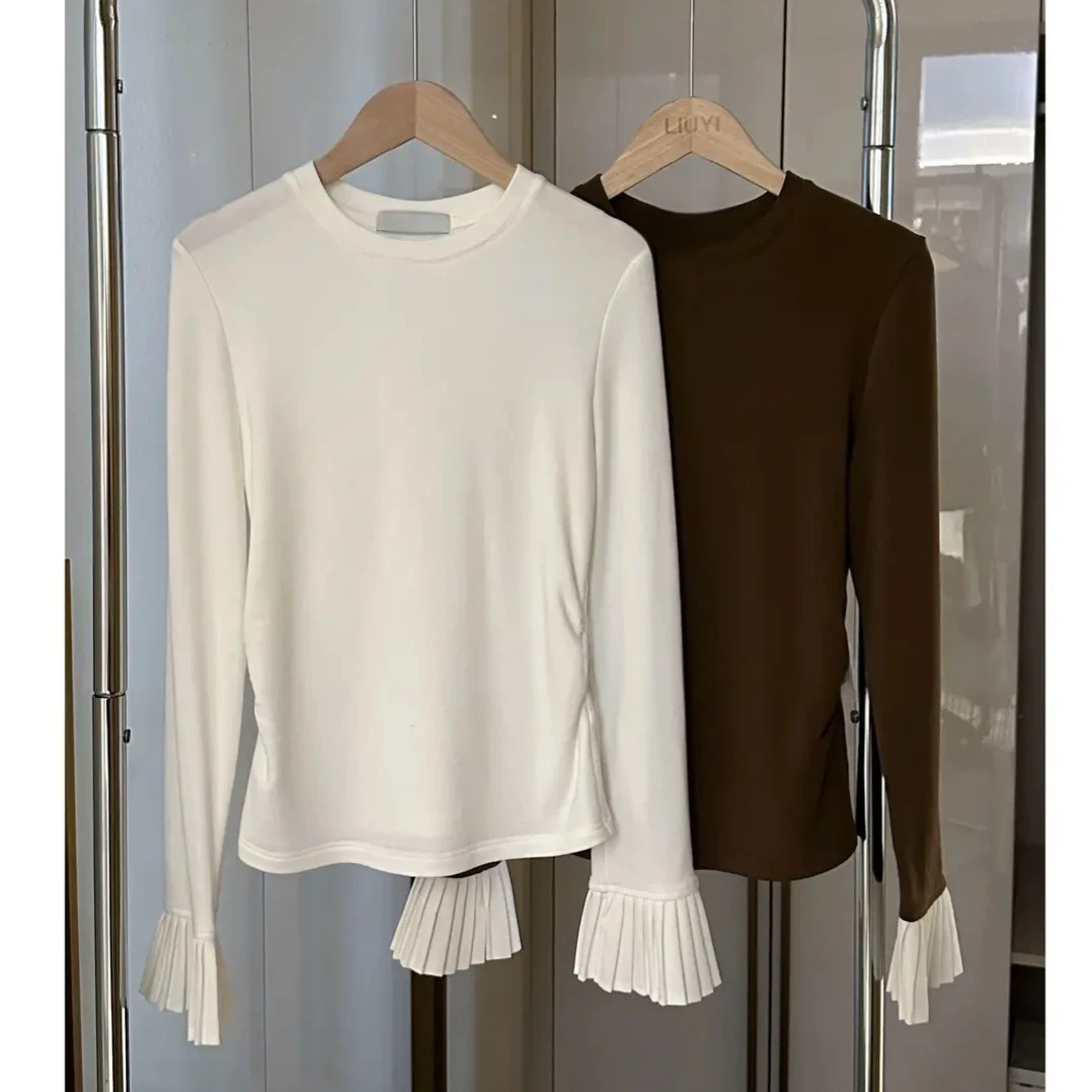 冬季加绒设计感上衣新款拼接内搭外穿百搭圆领t恤打底衫-11871