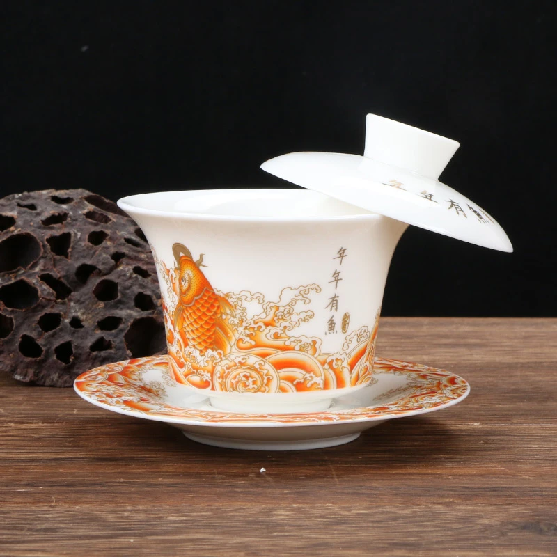 羊脂玉瓷可悬停旋转茶道中式陶瓷盖碗手工茶道茶具摆件瓷盖碗三才