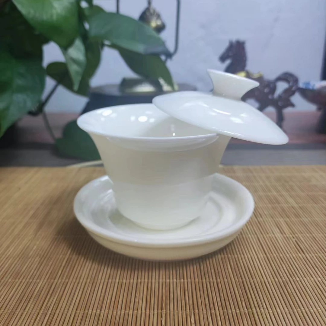 羊脂玉瓷干炮台三才盖碗半手工中式带盖茶盖碗茶道摆件盖碗