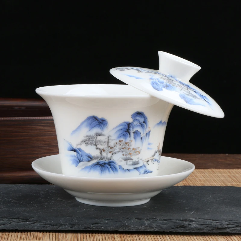 悬停盖碗羊脂玉瓷中号200ml简约单个茶盖碗茶道茶具摆件瓷盖碗