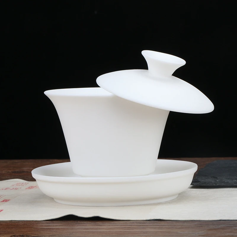 羊脂玉瓷素烧干炮台悬停盖碗简约三才半手工茶道茶具摆件瓷盖碗