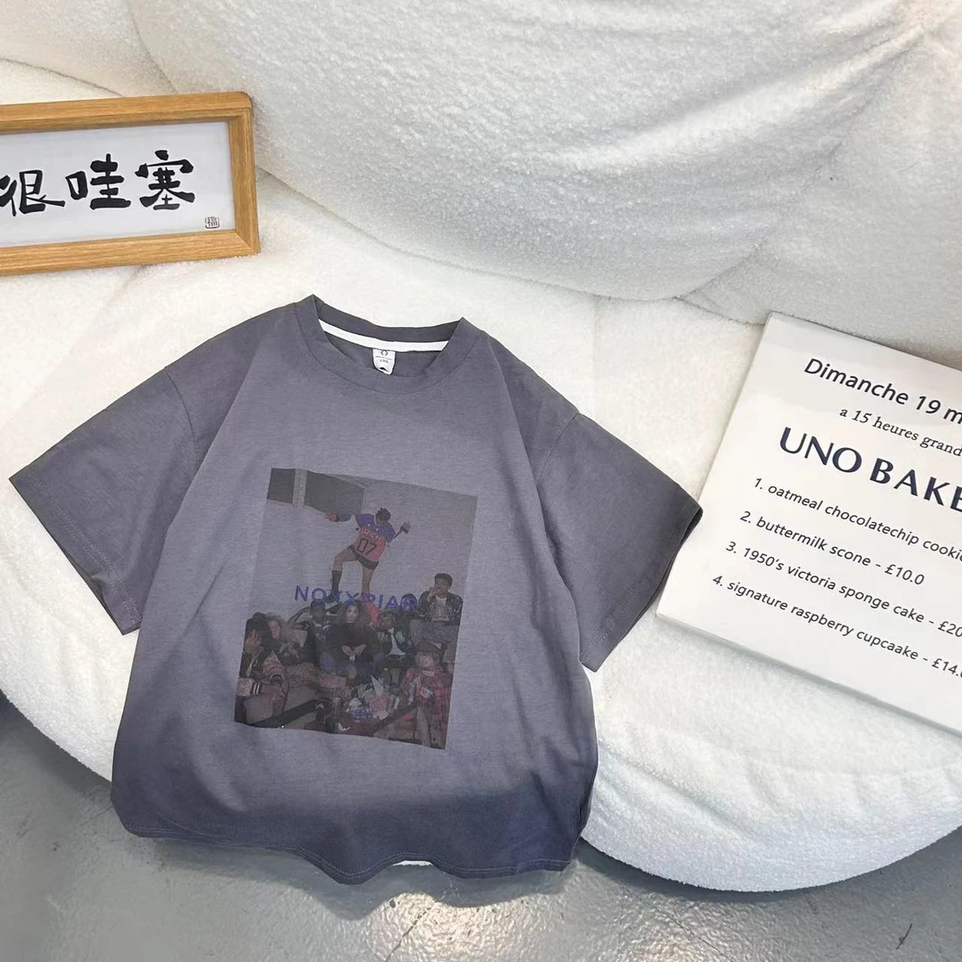 【LAOHE】TX-32238  灰 儿童男童 工艺休闲短袖韩版洋气时尚夏季T恤