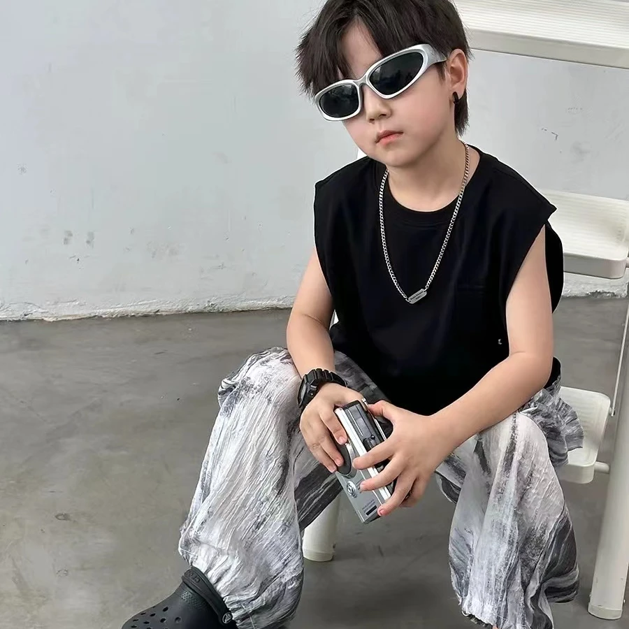 【LAOHE】BX-007 黑色 中性 男童休闲短袖 韩版 洋气 时尚 夏季背心