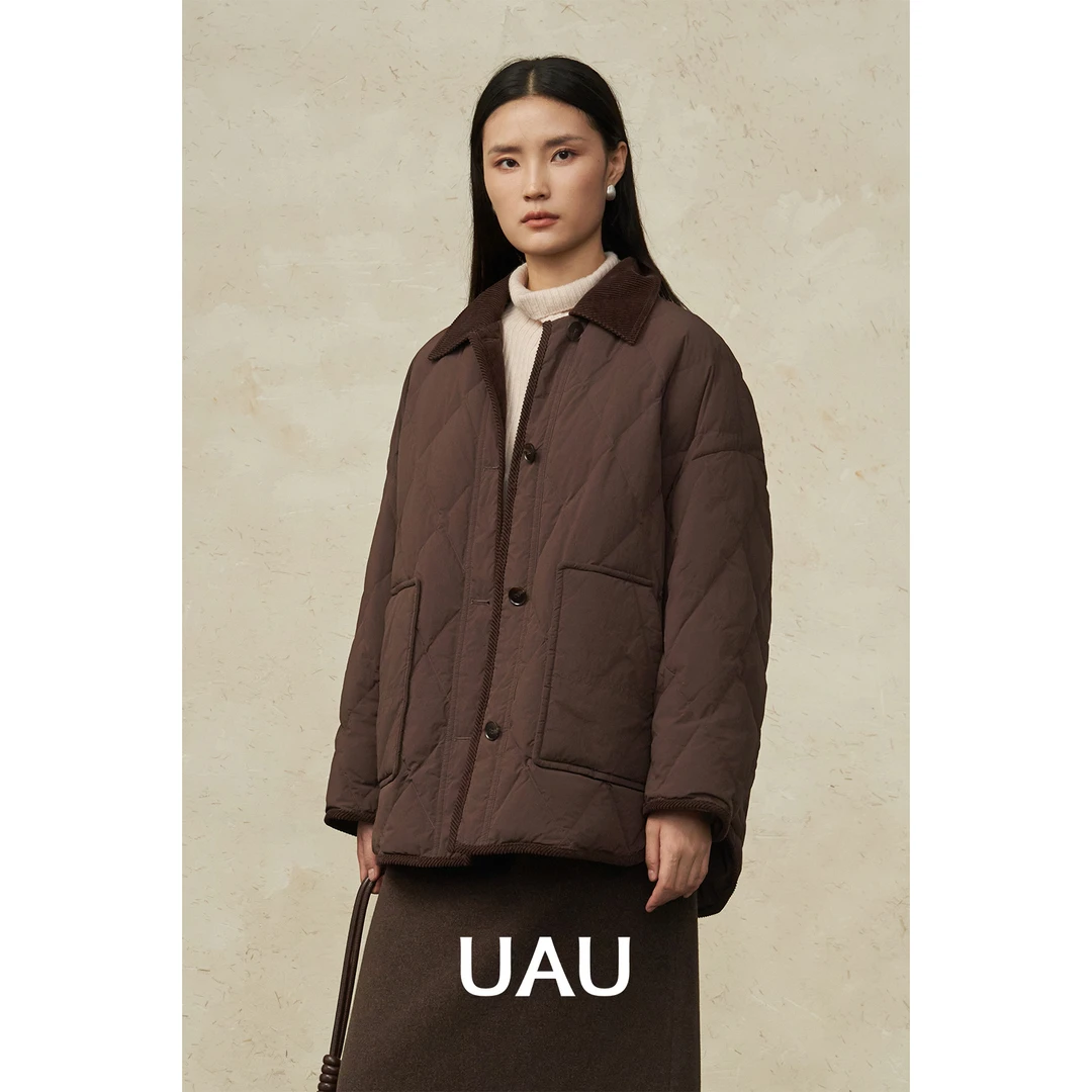 UAU【商场同款】24冬季新品翻领拼接羽绒棉服美拉德色系女装8413001