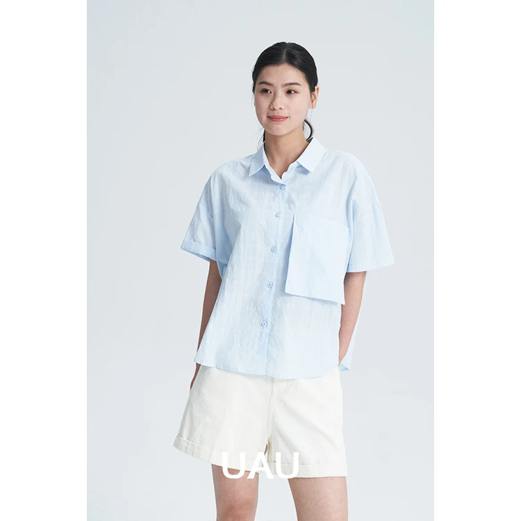 UAU夏季格纹提花衬衣蓝色时尚百搭衬衫小众薄款简约宽松7204049