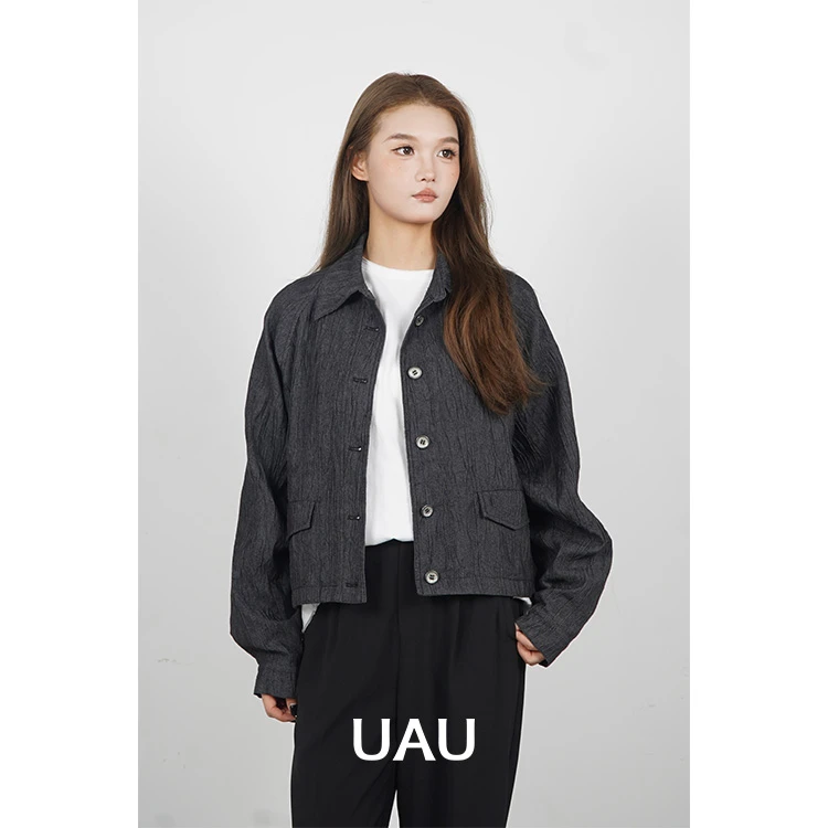 UAU肌理牛仔外套长袖休闲百搭时尚翻领宽松设计感小众上衣7316007