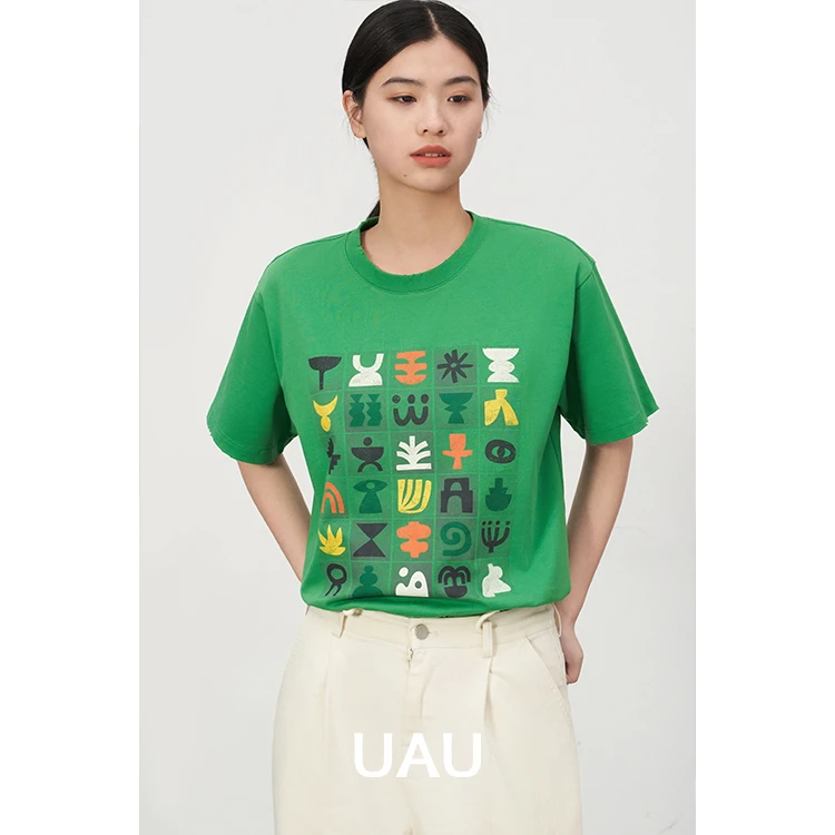 UAU【商场同款】2024春季绿色圆领印花短T时尚百搭简约短袖8107004