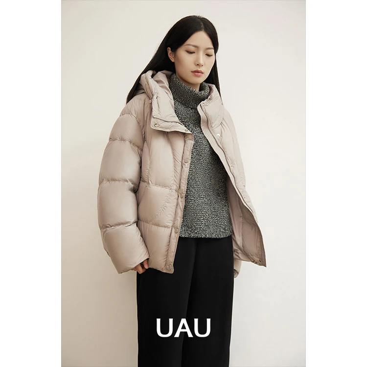 UAU冬季短款连帽羽绒棉服女款运动女士宽松加厚保暖简约7442003