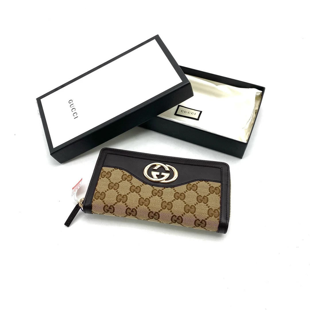 全新未使用 GUCCI/古驰 经典老花拼皮拉链钱包 尺寸20/10