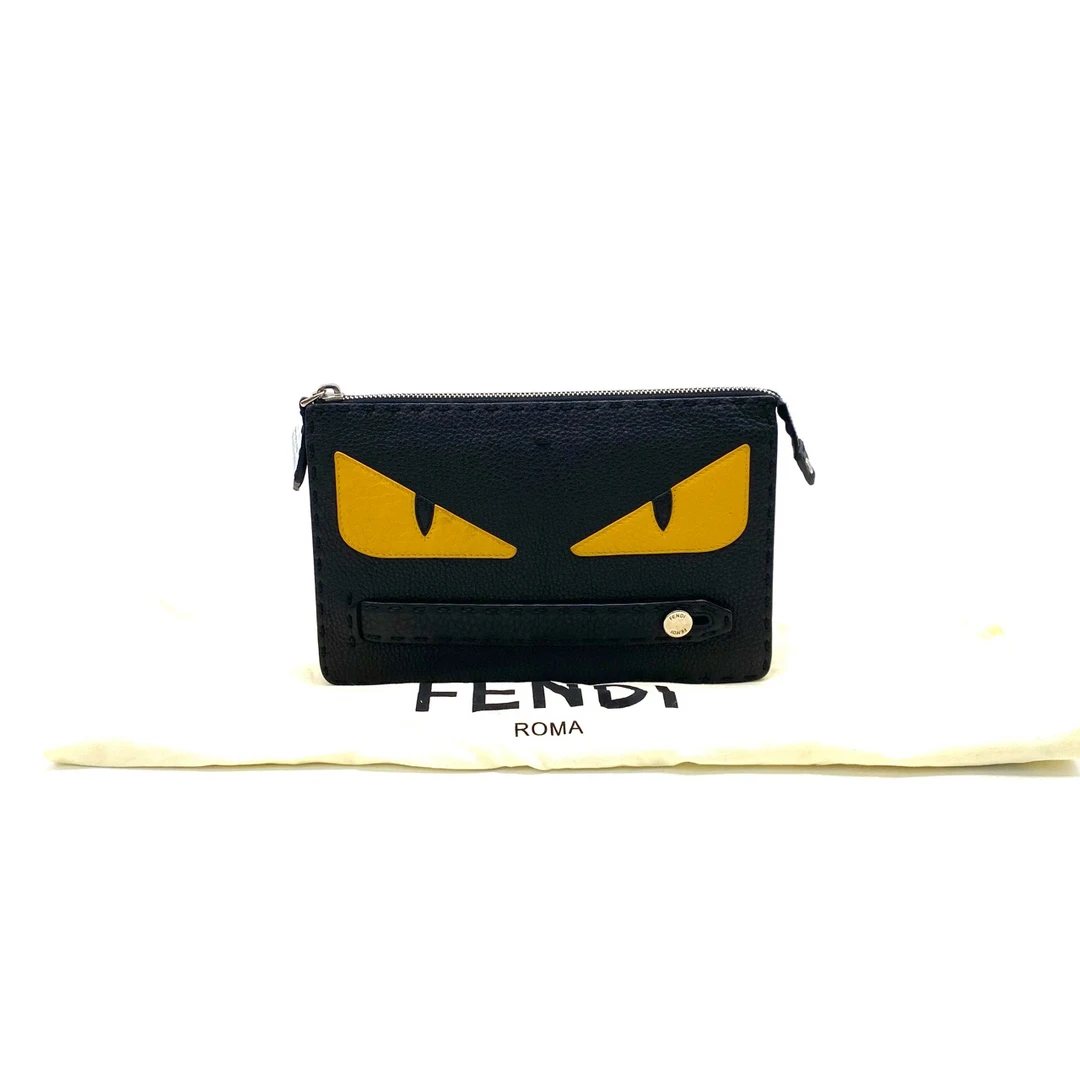 95新 FENDI/芬迪 黑色全皮小怪兽手拿包 尺寸23/15