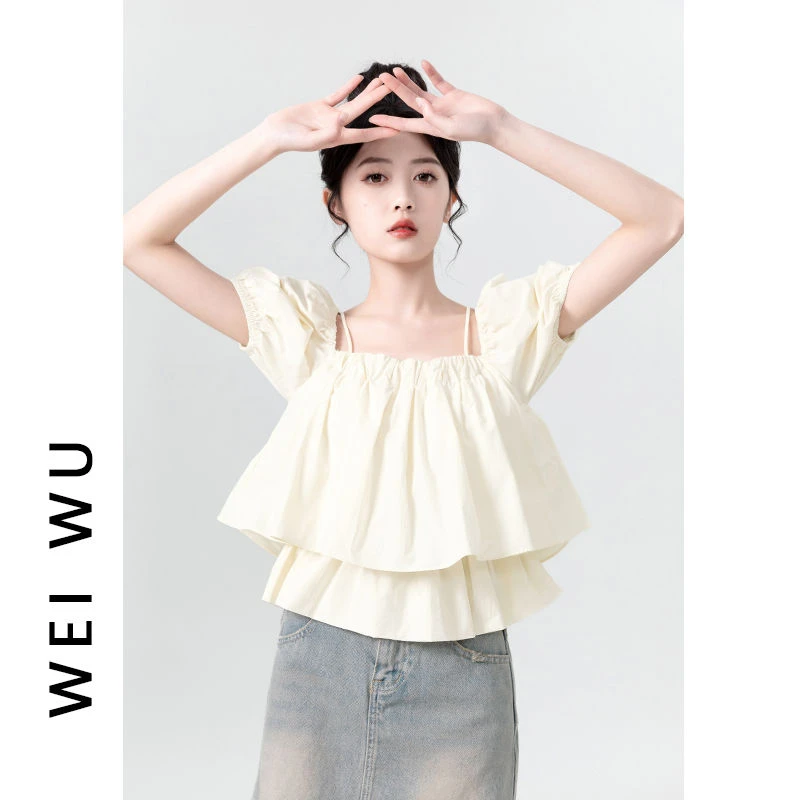 杏色一字肩吊带泡泡袖娃娃衫女夏新款别致方领短袖衬衫短上衣