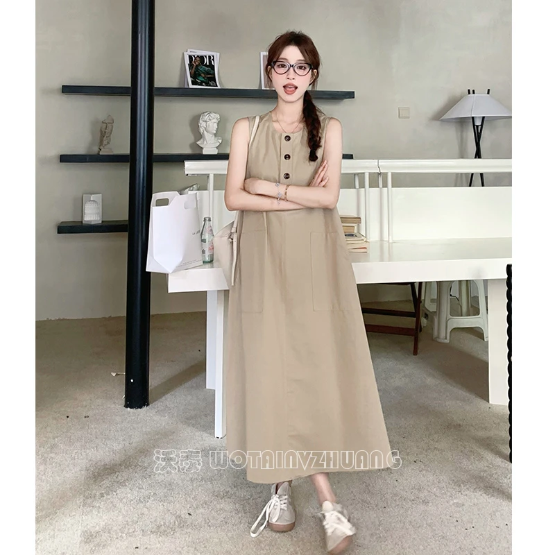 2025新款高级感圆领无袖背心连衣裙女夏季新款慵懒洋气工装A字裙