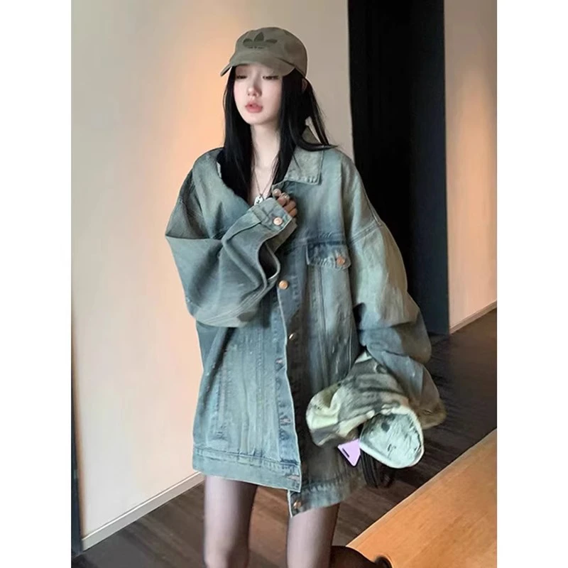 美式复古水洗做旧牛仔外套女2025春秋新款宽松中长款chic夹克上衣