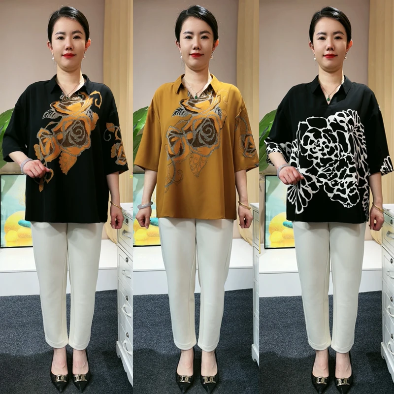 妈妈装夏季短款T恤定位花小衫中老年女装大码宽松洋气翻领大版衫
