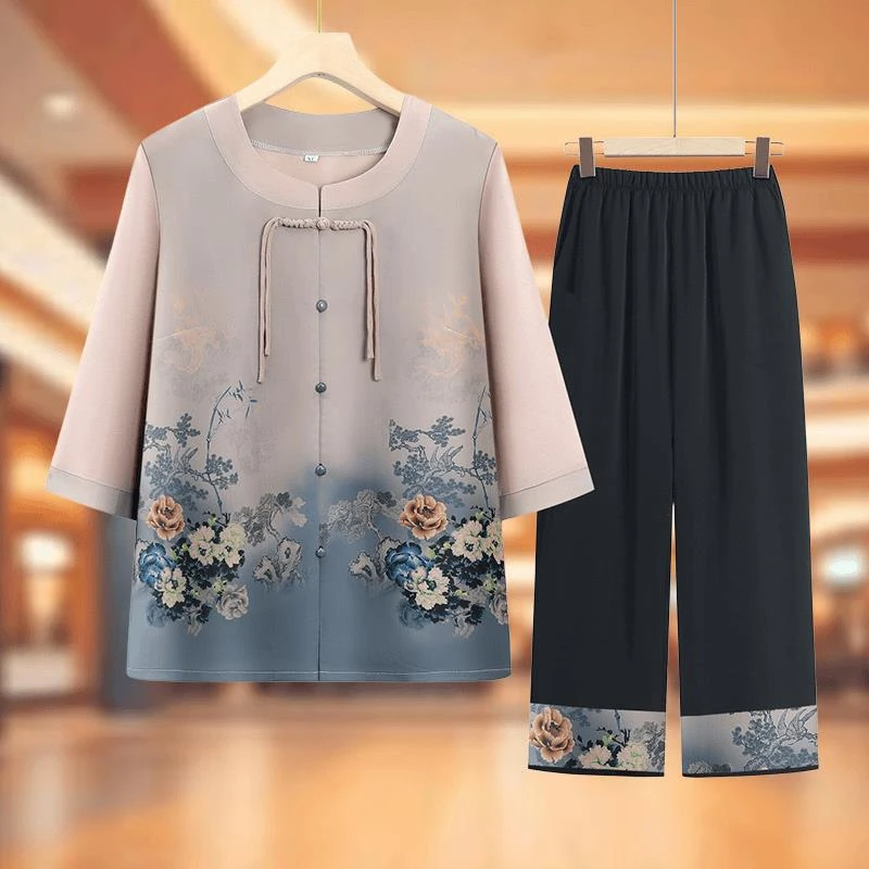 中老年人夏装女套装奶奶中袖衬衫老人开衫衣服妈妈薄款开衫新中式