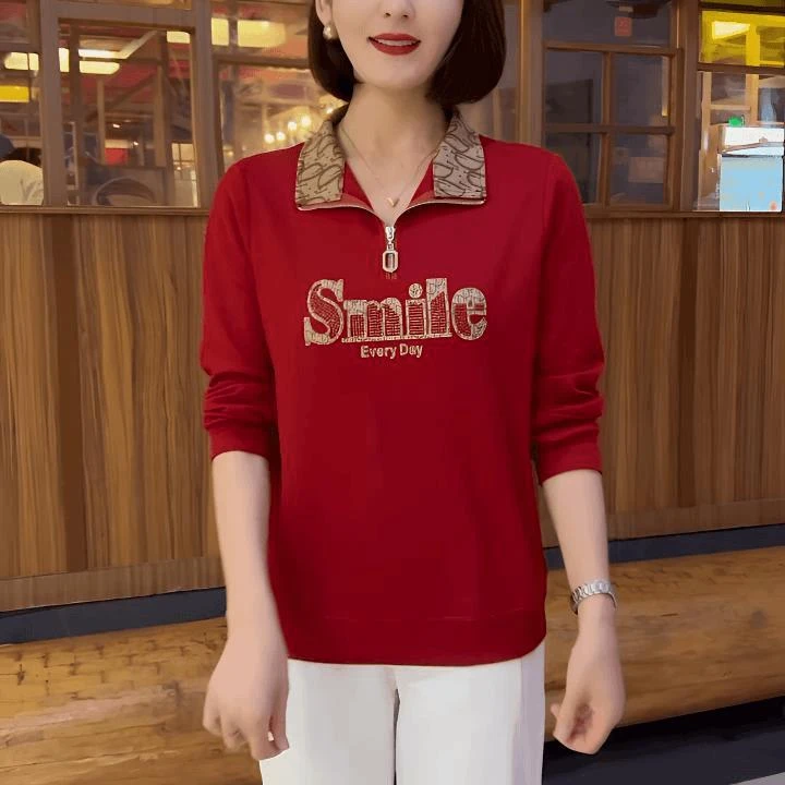 高档拉链新款字母时尚卫衣小衫立领卫衣洋气宽松休闲妈妈显瘦上衣