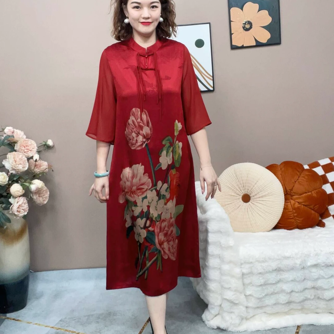 2024春夏女装连衣裙气质显瘦宽松国风时尚中式定位花盘扣妈妈装