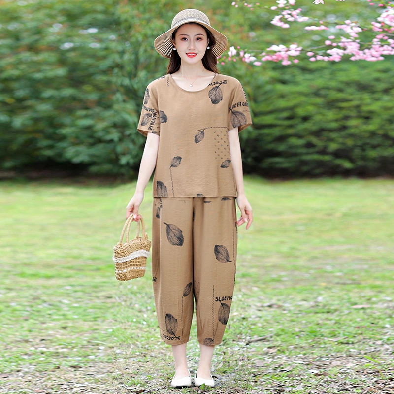 2023新款妈妈夏装中年女装洋气短袖上衣服中老年棉麻两件套装休闲